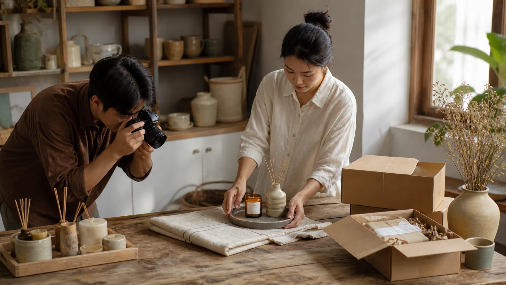 The fictional Baan Nuan Living team preparing home goods for their own online catalogue