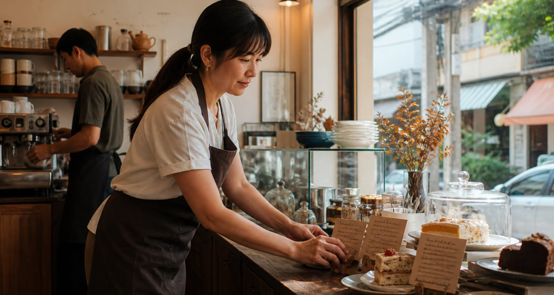 The fictional Mali Corner Café owner arranging cakes at the counter