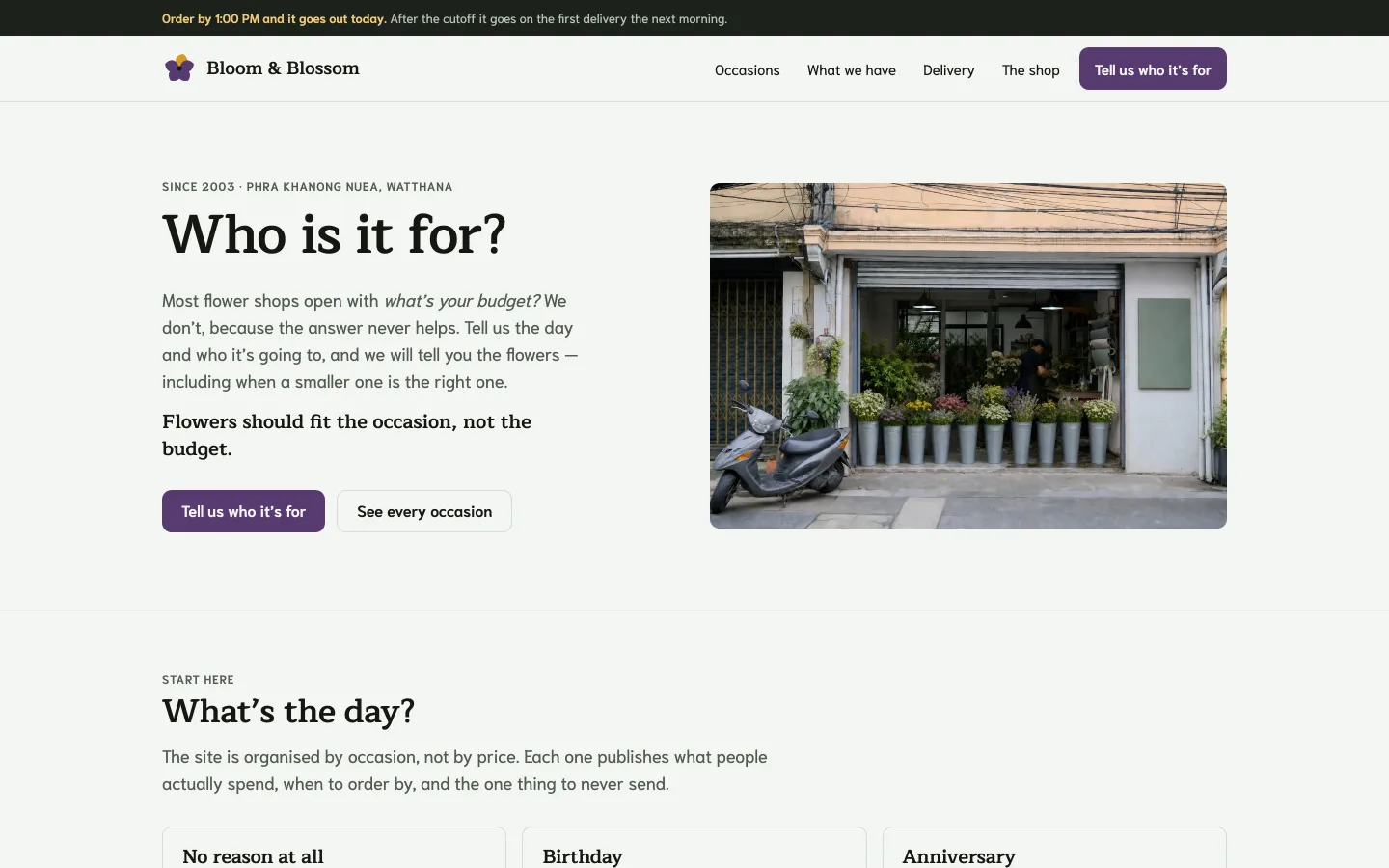 Bloom & Blossom Florist demo site — a Bangkok flower shop homepage organised by occasion rather than by price