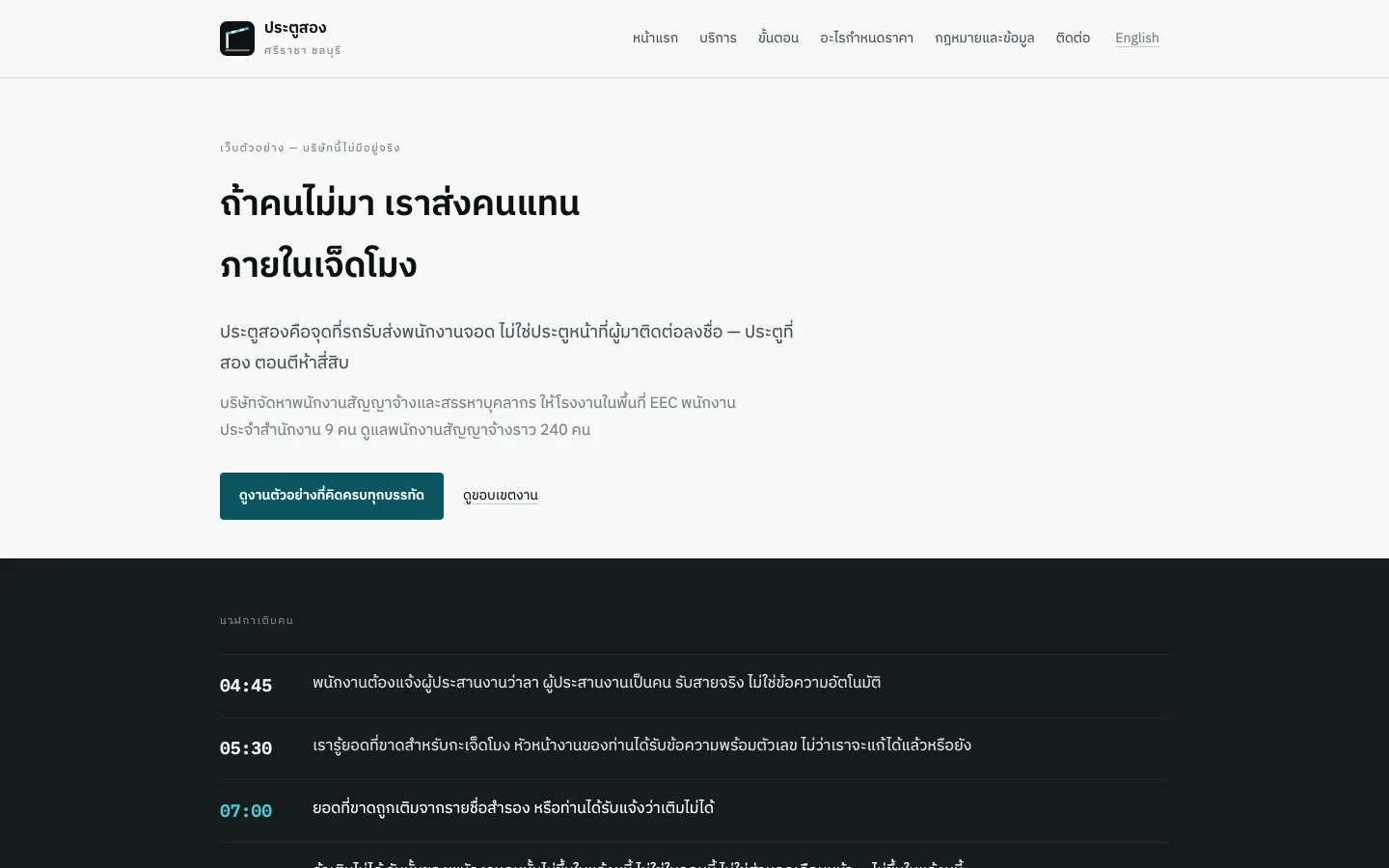 Gate Two Personnel demo site — a Si Racha contract staffing homepage built around a published cover clock