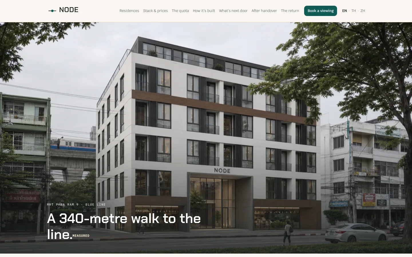 NODE Rama 9 demo site — a condominium launch page with measured transit distance and quota data