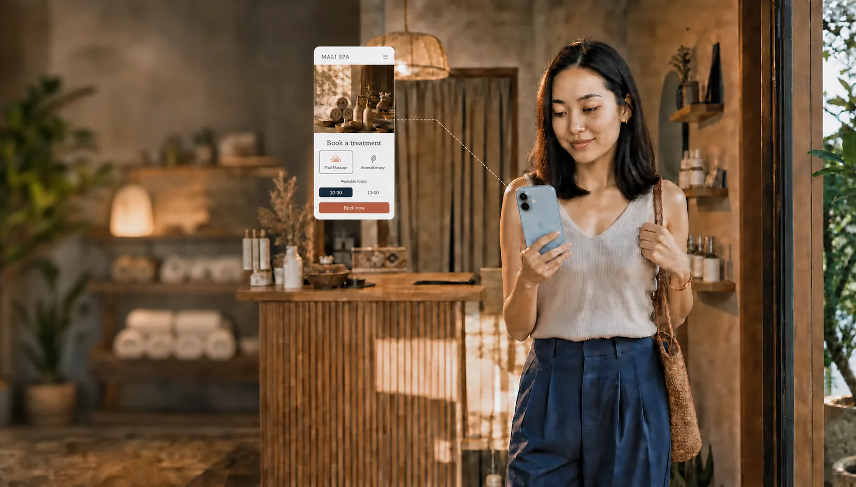 Customer viewing a mobile spa booking page against a softly blurred wellness studio