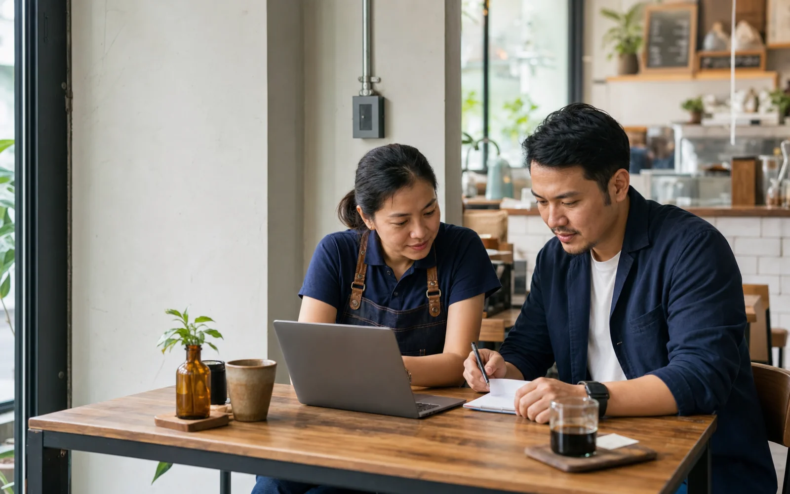 A local business owner and advisor reviewing a website plan together